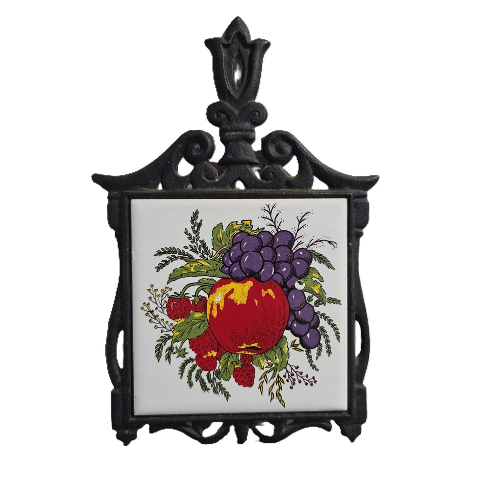 Vintage Cast Iron Ceramic Tile Trivet Fruit Grapes Apple Kitchen Wall Decor